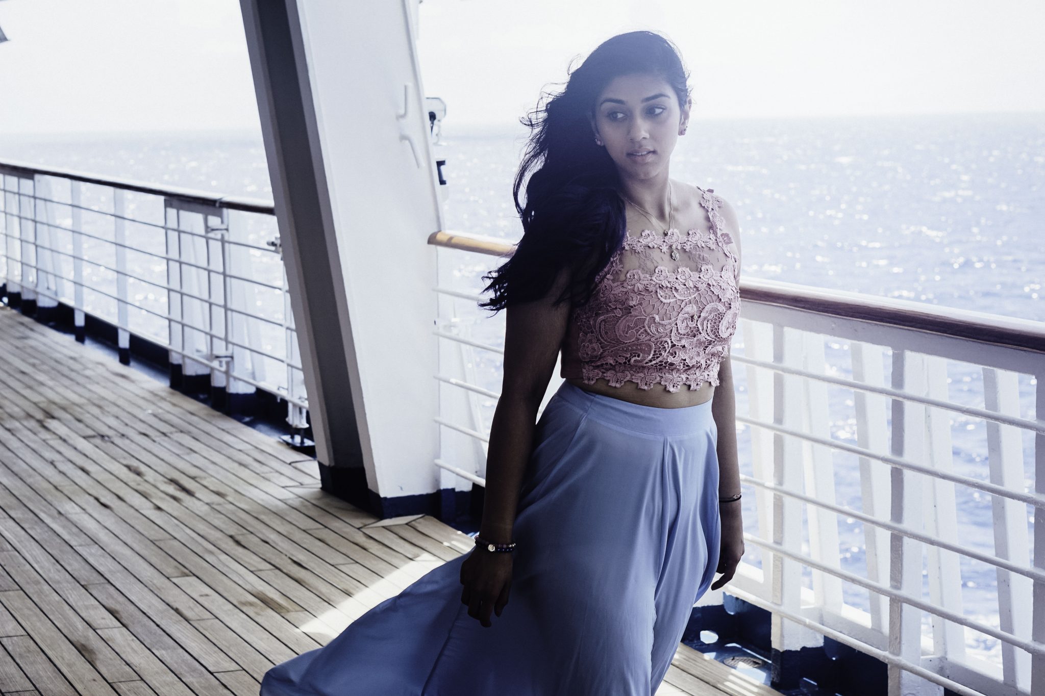Blue Skirt and TOPSHOP Pink Lace Top | Cruise to Bahamas
